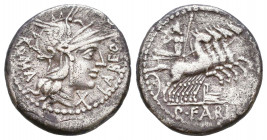 Cn. Carbo. 121 BC. AR Denarius  Helmeted head of Roma right; X behind / Jupiter, holding thunderbolt and sceptre, driving quadriga right. Crawford 279...