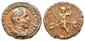 Trajan Decius Æ Quadrans. Rome, AD 249-251. IMP C M Q TRAIANVS DECIVS AVG, laureate, draped and cuirassed bust right / S–C, Mars standing left holding...