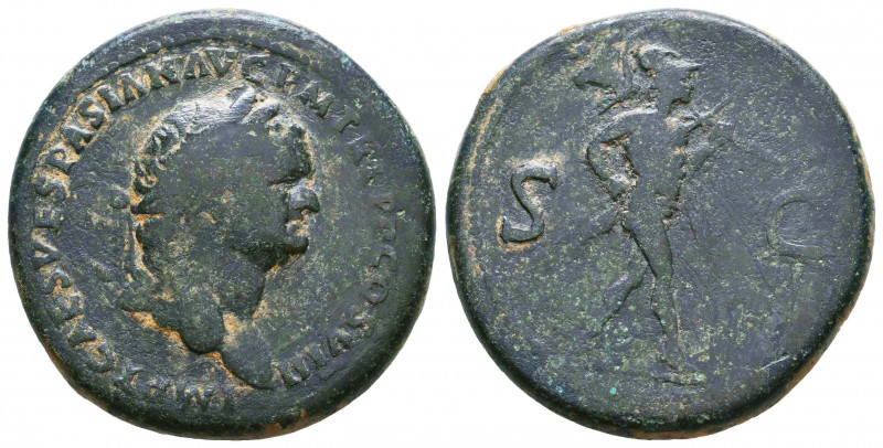 Titus caesar, 69 – 79. Sestertius 72, Æ Laureate head r. Rev. S – C Mars advanci...