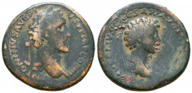Antoninus Pius, with Marcus Aurelius as Caesar. AD 138-161. Æ Sestertius (33.5mm, 25.01 g, 12h). Rome mint. Struck circa AD 141-143. Laureate head of ...