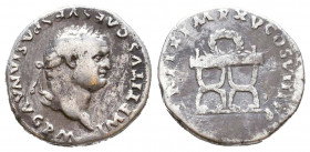 Titus, 79-81. Denarius. Rome, 80. IMP TITVS CAES VESPASIAN AVG P M Laureate head of Titus to right. Rev. TR P IX IMP XV COS VIII P P Wreath on curule ...