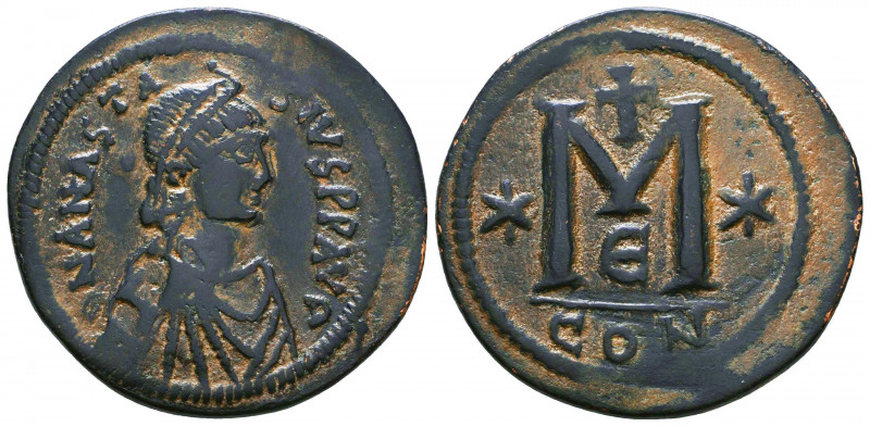 Anastasius I, AE follis. Constantinople. AD 491-518.  DN ANASTASIVS PP AVG, pear...