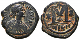 Justinian I. 527-565. AE 

Condition: Very Fine

Weight: 16,3 gr
Diameter: 29,2 mm