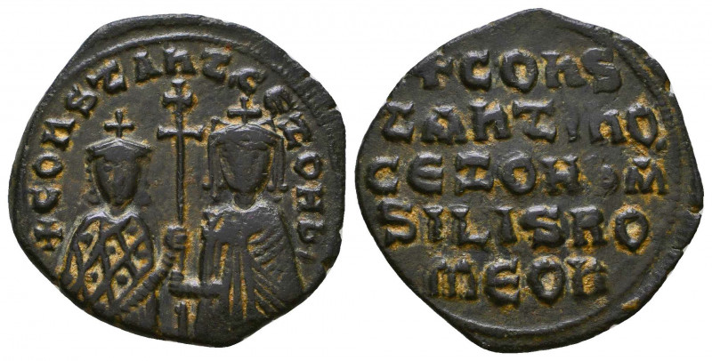 Constantine VII and Leo, AE Follis. Constantinople, 913-959 AD. CONSTANT CE ZOH ...