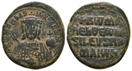 Constantine VII, AE Follis, 24mm, 7.11 gr. 913-959 AD. CONST bASIL ROM, crowned bust of Constantine facing, beardless and wearing vertical loros, hold...