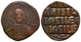 Basil II and Constantine VIII, AE Class 2 anonymous follis. 976-1028 AD. IC-XC to left and right of bust of Christ, facing, with nimbate cross behind ...