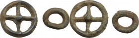 Celtic World. Celtic, Eastern Europe. AE Ring Money, c. 3rd-2nd century BC. Lot of two (2) examples, one of which four spoked wheel shaped. Cf. Castel...