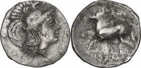 Greek Italy. Northern Apulia, Arpi. AR Diobol, c. 325-275 BC. HN Italy 634; SNG ANS -; SNG Cop. -. AR. 0.91 g. 13.00 mm. RR. Very rare. Lightly toned....