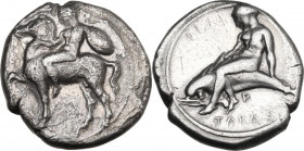Greek Italy. Southern Apulia, Tarentum. AR Nomos, 380-345 BC. Age of Archytas. HN Italy 869; Vlasto 681 (same dies). AR. 7.36 g. 21.00 mm. ΤΙΜ graffit...