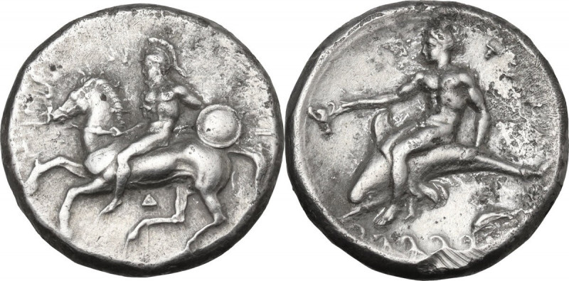 Greek Italy. Southern Apulia, Tarentum. AR Nomos, c. 344-340 BC, D- and E-, magi...