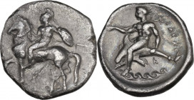Greek Italy. Southern Apulia, Tarentum. AR Nomos, c. 344-340 BC. HN Italy 877; Vlasto 444. AR. 7.30 g. 22.00 mm. Broad flan, nice deep grey cabinet to...