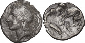 Greek Italy. Southern Apulia, Tarentum. AR Diobol, c. 380-325 BC. HN Italy 911; Cf. Vlasto 1260. AR. 0.94 g. 12.00 mm. Graffito on reverse. About VF.