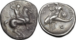 Greek Italy. Southern Apulia, Tarentum. AR Nomos, c. 302-290 BC. HN Italy 935; Vlasto 596. AR. 7.59 g. 22.00 mm. Good metal, nicely toned. VF/Good VF.