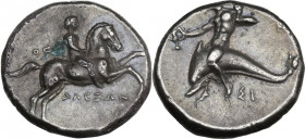 Greek Italy. Southern Apulia, Tarentum. AR Nomos, 302-280 BC. HN Italy 971 (misread AΛEΞAN); Cf. Vlasto 697 (″probably unique″) (same); SNG ANS -; BMC...