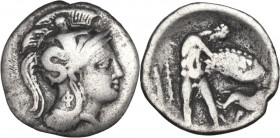 Greek Italy. Southern Apulia, Tarentum. AR Diobol of reduced standard, c. 325-280 BC. HN Italy 976. AR. 0.62 g. 11.00 mm. R. Rare. About VF.