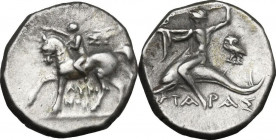 Greek Italy. Southern Apulia, Tarentum. AR Nomos, c. 272-240 BC. Sy- and Lykinos, magistrates. HN Italy 1025; Vlasto 834; SNG ANS 1164. AR. 6.40 g. 19...