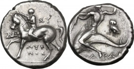 Greek Italy. Southern Apulia, Tarentum. AR Nomos, c. 272-240 BC. Sy- and Lykinos, magistrates. HN Italy 1025; Vlasto 834; SNG ANS 1164. AR. 6.50 g. 19...