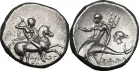 Greek Italy. Southern Apulia, Tarentum. AR Nomos, c. 272-240 BC. Aristokles and Di-, magistrates. HN Italy 1033; Vlasto 877/82. AR. 6.20 g. 19.00 mm. ...