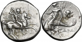 Greek Italy. Southern Apulia, Tarentum. AR Nomos, c. 272-240 BC. Aristokles and Di-, magistrates. HN Italy 1033; Vlasto 877/82. AR. 6.40 g. 19.00 mm. ...