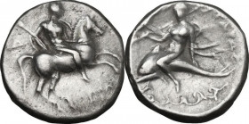 Greek Italy. Southern Apulia, Tarentum. AR Nomos, c. 272-240 BC. Apollonios and Di-, magistrates. HN Italy 1038; Vlasto 896. AR. 6.40 g. 19.00 mm. VF....