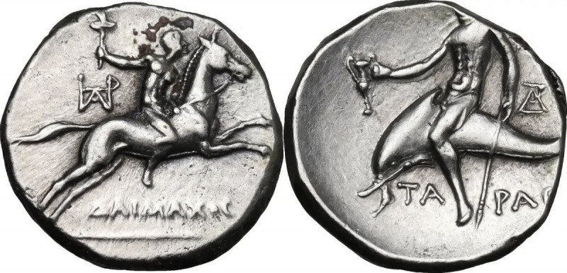 Greek Italy. Southern Apulia, Tarentum. AR Nomos, c. 240-228 BC. Daimachos, magi...