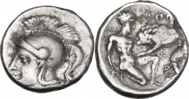 Greek Italy. Southern Apulia, Tarentum. AR Diobol, c. 280-228 BC. Cf. HN Italy 1061; Vlasto -. AR. 1.12 g. 12.00 mm. R. Rare. From masterly engraved a...