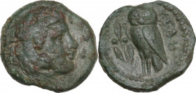 Greek Italy. Northern Lucania, Velia. AE 15mm, late 5th century. HN Italy 1323. AE. 3.04 g. 15.00 mm. Emerald green patina. Reddish brown deposits on ...