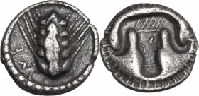 Greek Italy. Southern Lucania, Metapontum. AR Triobol, c. 470-440 BC. HN Italy 1487; Noe 271. AR. 1.15 g. 12.00 mm. R. Rare. Sharply struck in high re...