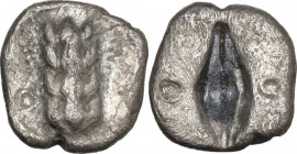 Greek Italy. Southern Lucania, Metapontum. AR Diobol, c. 470-440 BC. HN Italy 1488; Noe 298. AR. 0.68 g. 9.00 mm. RR. Very rare and nice. VF.