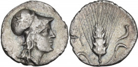 Greek Italy. Southern Lucania, Metapontum. AR Diobol, c. 325-275 BC. HN Italy -; Cf. HGC 1 1078; Johnston F21. AR. 0.96 g. 11.50 mm. RRR. Very rare an...