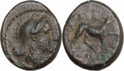 AE Half-bronze, c. 234-231 BC. Cr. 26/4; HN Italy 309. AE. 1.37 g. 11.50 mm. Slightly rough surfaces. Dark green brown patina. About VF.