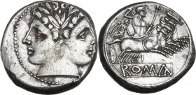 Anonymous. AR Quadrigatus (Didrachm), uncertain Campanian mint (Capua?), 216 BC. Cr. 28/3; RRSC Q 5. AR. 6.68 g. 20.00 mm. Lightly toned. Dark deposit...