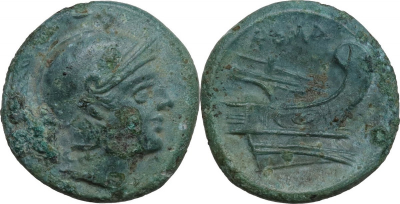 Semilibral series. AE Quartuncia, 217-215 BC. Cr. 38/8. AE. 2.12 g. 15.00 mm. Of...