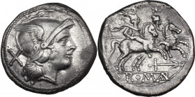 Anchor (first) series. AR Denarius, c. 209-208 BC. Cr. 50/2. AR. 4.20 g. 19.00 mm. R. Rare and choice. Brilliant and nicely toned. About EF/Good VF.