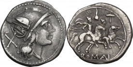 Apex and hammer series. AR Denarius, 211-208 BC, Central Italy. Cr. 59/1a. AR. 3.61 g. 19.00 mm. R. Rare. Linear (banker\'s?) marks, intentionally hid...