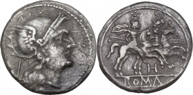 H series. AR Quinarius. South East Italy, c. 211-210 BC. Cr. 85/1a. AR. 1.83 g. 15.50 mm. Scarce. Rare. Toned. VF.