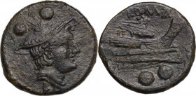 L (first heavy) series. AE Sextans, Luceria mint, c. 214-212 BC. Cr. 97/6a. AE. 8.99 g. 24.00 mm. RR. Very rare. Nice deep olive green patina. Gently ...