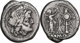 Thunderbolt series. AR Victoriatus, c. 206-195 BC. Cr. 119/1. AR. 3.21 g. 17.00 mm. Scarce. Toned. About VF.