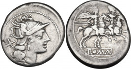 Anonymous. AR Denarius, c. 189-180 BC. Cr. 139/1. AR. 4.16 g. 19.50 mm. Full weight and broad flan. Brilliant and lightly toned. VF.