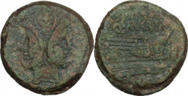 Q. Marius. AE As, c. 189-180 BC. Cr. 148/1; B. 1. AE. 27.17 g. 32.00 mm. R. Rare and in very good condition for issue. Earthen green patina, with redd...