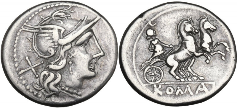 Anonymous. AR Denarius, 179-170 BC. Cr. 158/1. AR. 3.89 g. 19.00 mm. Brilliant a...