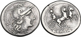 Anonymous. AR Denarius, 179-170 BC. Cr. 158/1. AR. 3.89 g. 19.00 mm. Brilliant and lightly toned. VF.