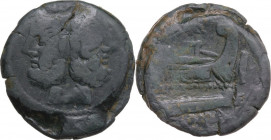 Dolphin (third) series. AE As, c. 179-170 BC. Cr. 160/1. AE. 23.83 g. 31.50 mm. R. Rare. Dark green patina. Hairline flan crack on obverse and some we...