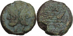 C. Cluvius Saxula. AE As, 169-158 BC. Cr. 173/1. AE. 33.80 g. 33.50 mm. Emerald green patina. Significant earthen deposits and minor metal flaw on rev...