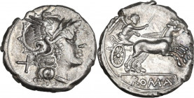 AR Denarius, c. 157-156 BC. Cr. 197/1a. AR. 3.83 g. 18.00 mm. Good metal. Brilliant and lightly toned. Scratch on obverse, otherwise. about EF/EF.