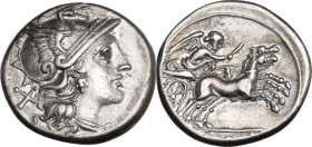 AR Denarius, c. 157-156 BC. Cr. 197/1a. AR. 4.07 g. 17.00 mm. Good metal and full weight. Brilliant and lightly toned. Reverse slightly off centre. EF...