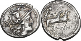 C. Maianius. AR Denarius, 152 BC. Cr. 203/1a; B. 1. AR. 3.78 g. 18.50 mm. Sound metal, light iridescent toning. Good VF.