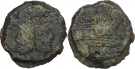 C. Maianius. AE As, c. 153 BC. Cr. 203/2; B. 2. AE. 25.62 g. 33.00 mm. Earthen deep olive green patina, with lighter spots. About VF.