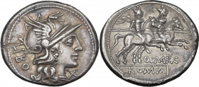 Q. Marcius Libo. AR Denarius, 148 BC. Cr. 215/1; B. 8. AR. 3.57 g. 20.50 mm. Well centred on a broad flan, choice and nicely toned, with golden highli...