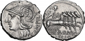 M. Baebius Q. f. Tampilus. AR Denarius, 137 BC. Cr. 236/1d. AR. 3.72 g. 18.00 mm. Lovely light iridescent tone. EF/ About EF.